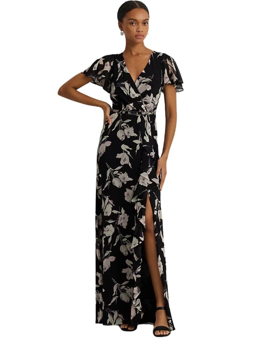 Lauren Ralph Lauren Floral Belted Flutter-Sleeve Gown Floral Maxi Dress